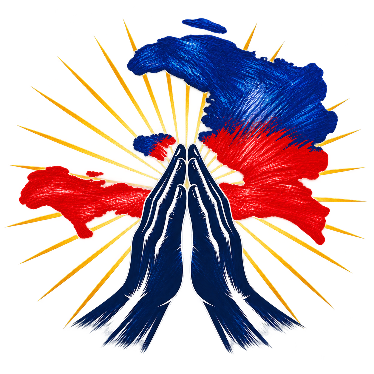 Praying hands with Haiti’s blue-and-red outline and gold rays